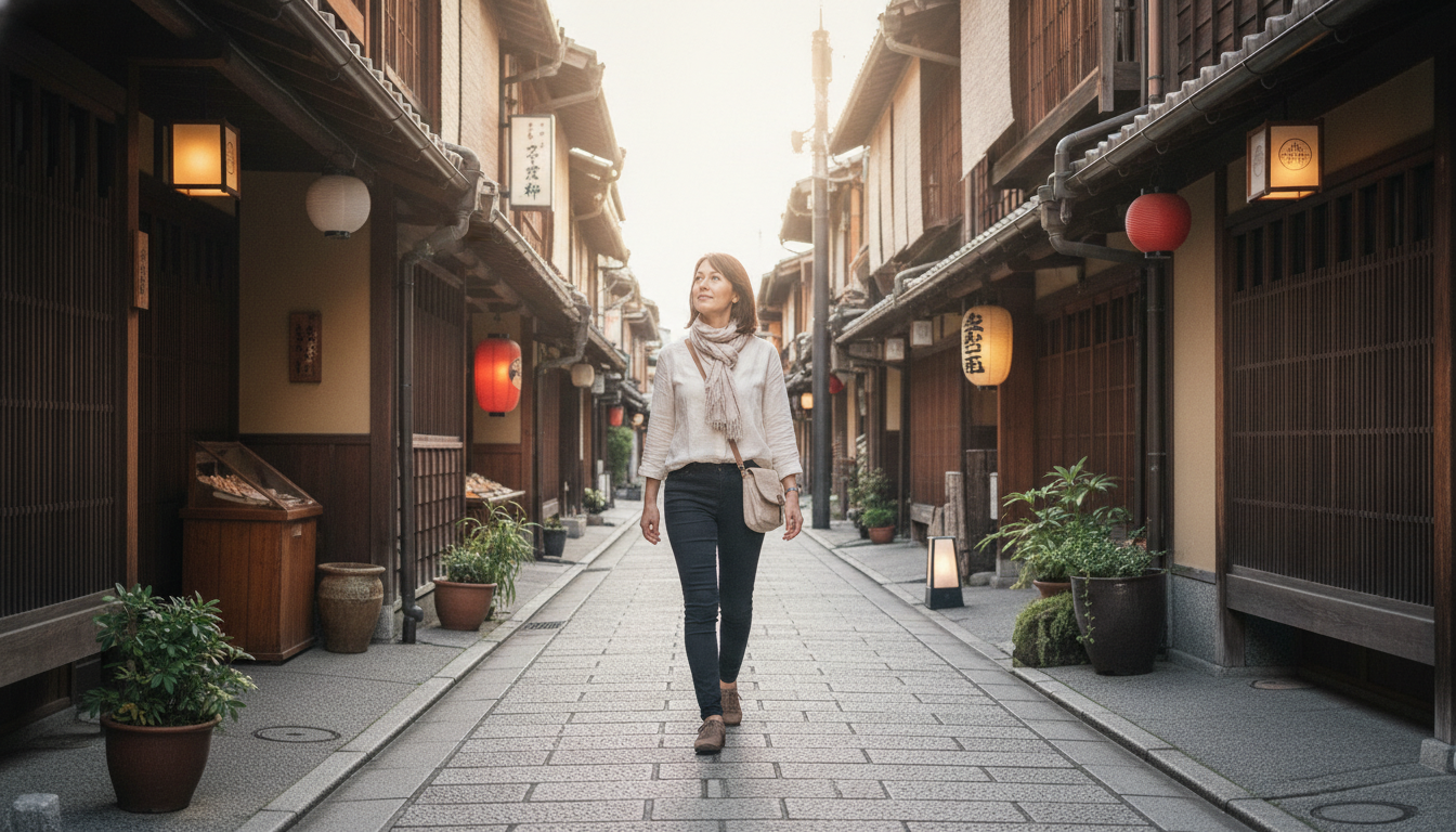 Reisende spaziert entspannt durch eine ruhige traditionelle Straße in Kyoto, Japan