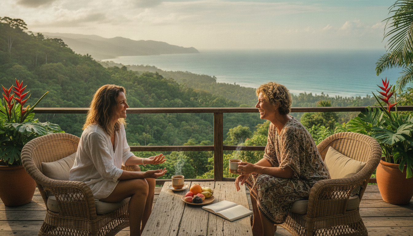 Zwei Solo-Reisende unterhalten sich entspannt auf einer Terrasse mit Regenwaldblick in Costa Rica