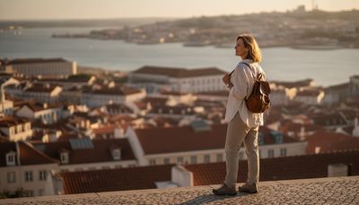 Frau Mitte 40 blickt allein von einem Aussichtspunkt in Lissabon auf die Stadt