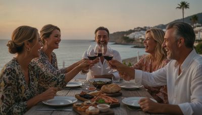 Reisegruppe über 40 stößt beim Sonnenuntergangs-Dinner am Meer an